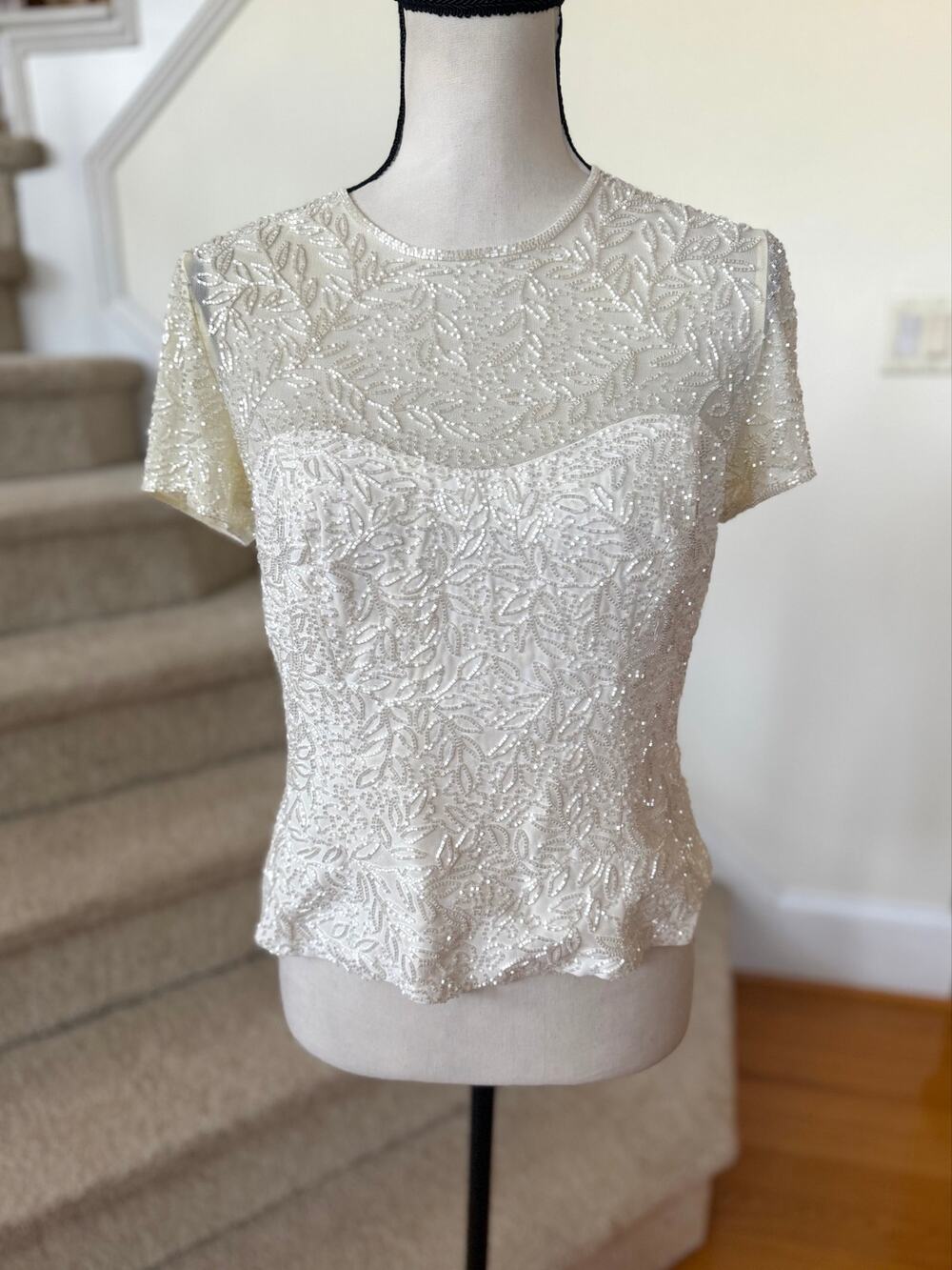 Vintage 90s Minimalist White Beaded Illusion Sweetheart Short Sleeve Top
